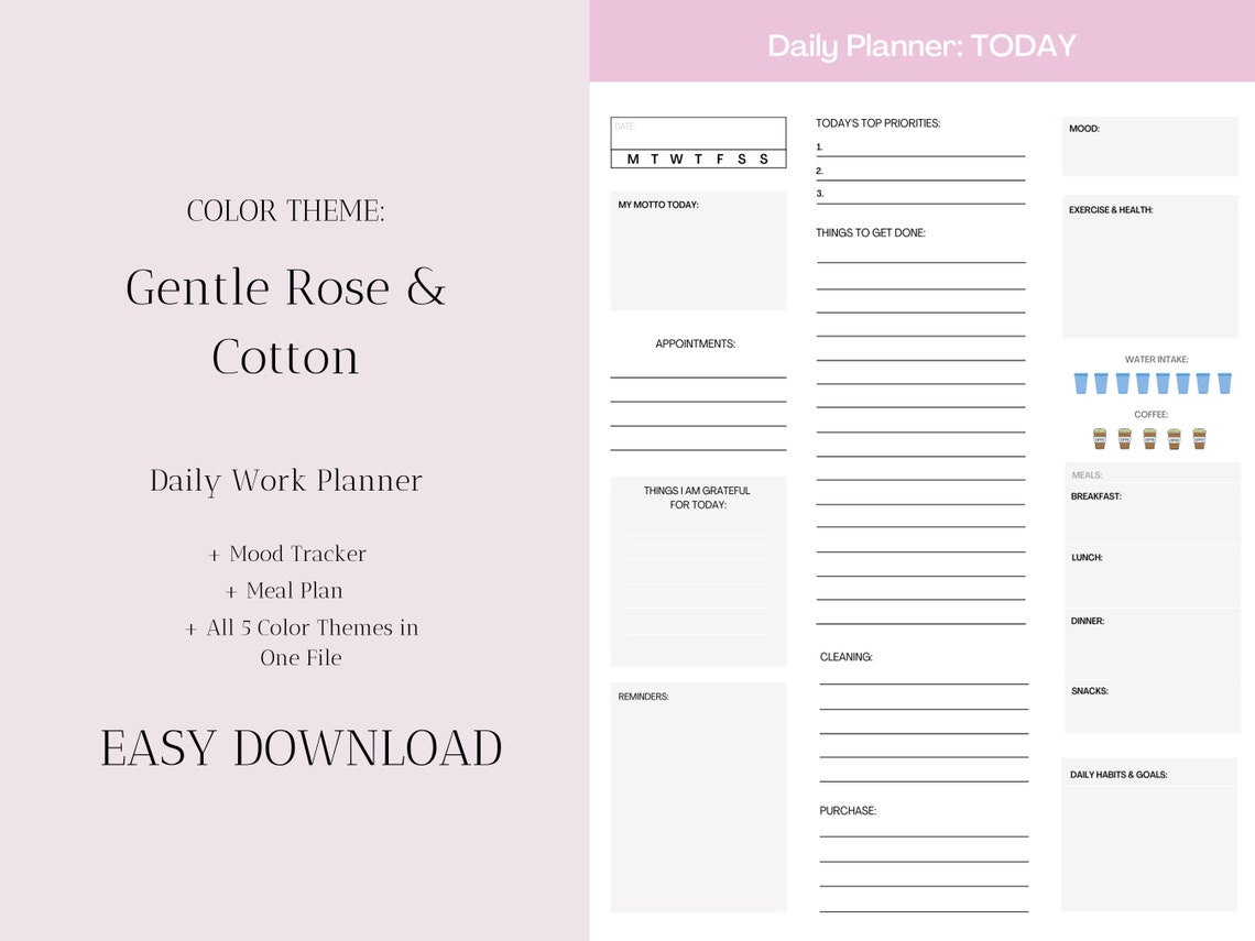 Daily Work Planner Printable 5 Color Themes PDF Download | Etsy
