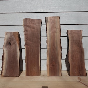 May include: Four raw-edge walnut wood slabs, each with a unique shape and natural grain pattern. The slabs are various shades of brown, with lighter tones in the center and darker edges. They stand upright on a wooden surface.