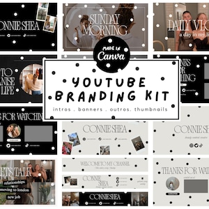 May include: A YouTube branding kit with intros, banners, outros, and thumbnails. The design features a black and white polka dot theme with the text "CONNIE SHEA" and various phrases like "SUNDAY MORNING" and "DAILY VLOG".