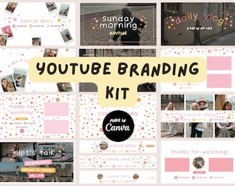 Pink Flowers + Hearts YouTube Branding Kit Templates | Social Media Brand Kit  | Digital Download | Youtube Branding Kit | Editable Sunset