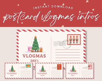May include: A festive postcard design with a red and white border, featuring a Christmas tree, gifts, and a stamp with toy soldiers. The text reads "Instant Download" and "postcard vlogmas intros."