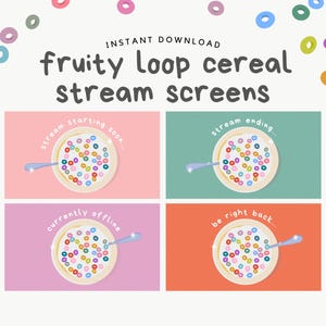Può includere: Download digitale con quattro schermate di streaming di ciotole di cereali. Ogni schermata presenta una ciotola di cereali con un cucchiaio e il testo "stream starting soon", "stream ending", "currently offline" e "be right back".