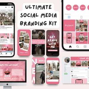 Peut inclure: Kit de branding de médias sociaux numériques avec un schéma de couleurs rose et blanc. Le kit comprend des maquettes d'une chaîne YouTube, d'un flux Instagram et d'une page Facebook. Le texte comprend "ULTIMATE SOCIAL MEDIA BRANDING KIT".