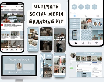 Może przedstawiać: Zestaw do brandingu mediów społecznościowych w niebiesko-białej kolorystyce. Zestaw zawiera różne szablony do Instagramu, Facebooka, YouTube'a i Reels. Szablony zawierają różne zdjęcia, w tym zdjęcia Paryża, Australii i kobiety w kapeluszu. Tekst na szablonach zawiera "Let's Talk", "Paris Diaries", "Travel with Me", "Sunday Morning", "Ask Me", "Connie Shea", "Reels" i "New".