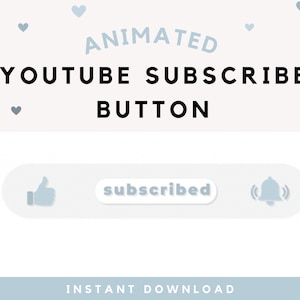 Puede incluir: Gráfico de botón de suscripción a YouTube animado con un icono de pulgar hacia arriba, un botón que dice "suscrito" y un icono de campana. El gráfico está sobre un fondo beige claro con corazones azules dispersos.