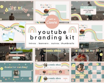Könnte beinhalten: Ein YouTube-Branding-Kit mit Intros, Bannern, Outros und Miniaturansichten. Das Design zeigt Pastellfarben, Regenbogen und den Text "daily vlog" und "a day in my life". Das Kit ist in Canva erstellt.