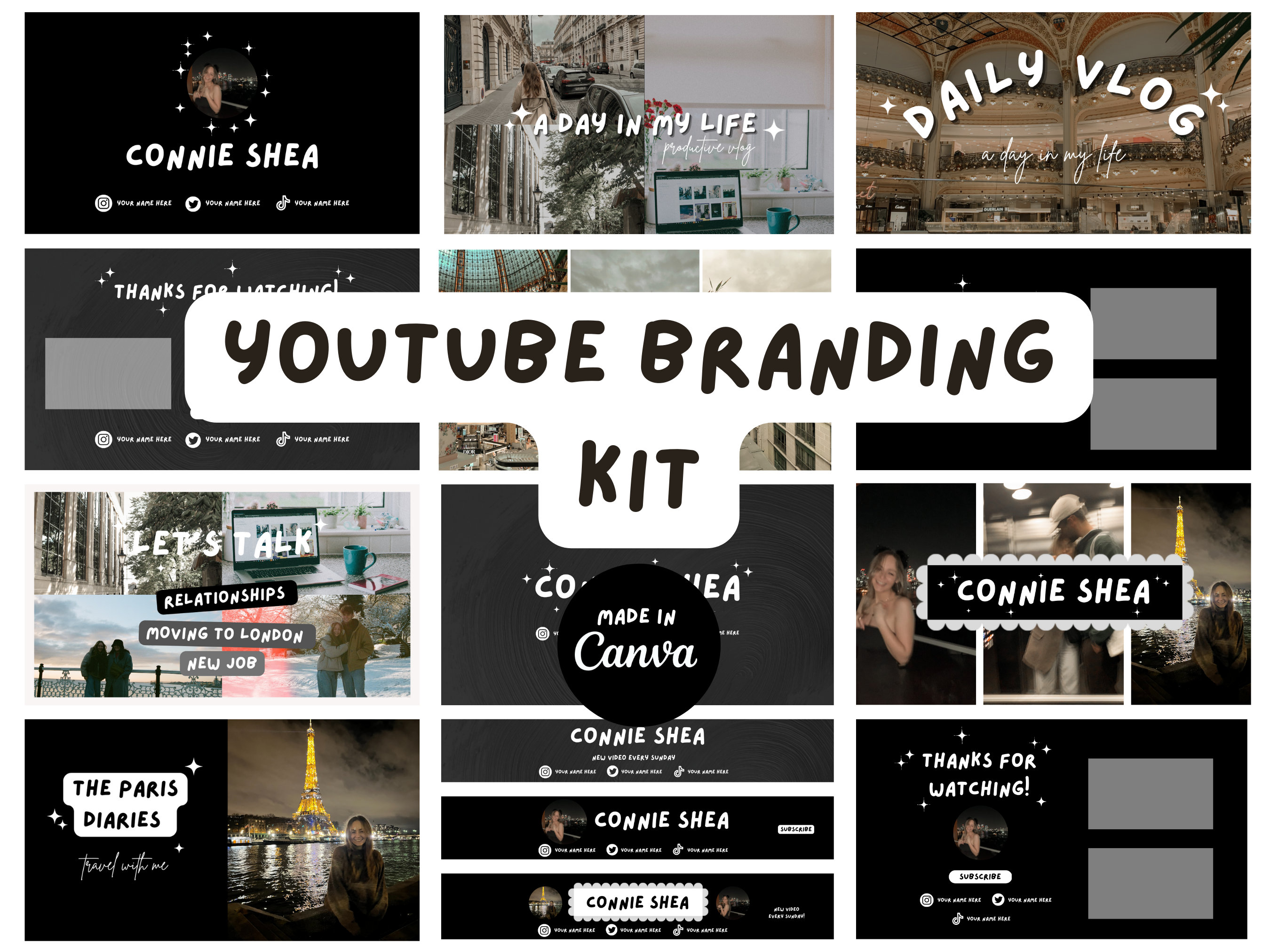 Black YouTube Branding Kit Templates Small Business | Social Media Brand Kit  | Digital Download | Youtube Branding Kit  Editable Templates