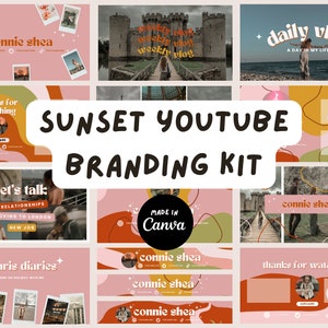 Plantillas de kit de marca de YouTube con estilo bohemio y puesta de sol retro / Kit de marca para redes sociales / Descarga digital / Kit de marca de YouTube / Plantillas editables /