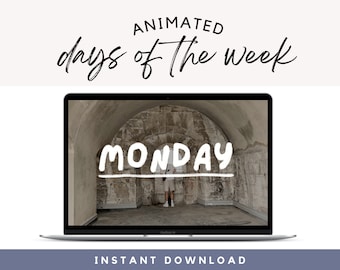 Może przedstawiać: Animowany tapeta na pulpit, przedstawiający ekran laptopa z fotografią ceglanego łuku z napisem "MONDAY" w kolorze białym na czarnym pasku. Tekst "Animated days of the week" znajduje się w górnej części obrazu, a tekst "INSTANT DOWNLOAD" w dolnej części obrazu.