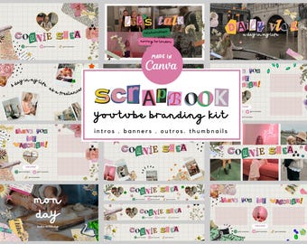 Może przedstawiać: Zestaw brandingowy YouTube w stylu scrapbook, zawierający intro, banery, outro i miniatury. Projekt charakteryzuje się estetyką kolażu z tekstem "SCRAPBOOK youtube branding kit" i nazwą "CONNIE SHEA".