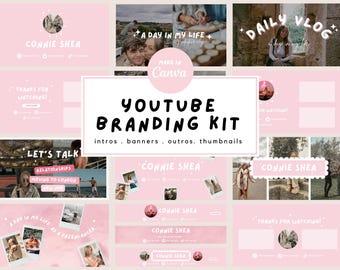 May include: A YouTube branding kit with a pink and white color scheme. The kit includes intros, banners, outros, and thumbnails. The text "YOUTUBE BRANDING KIT" is in the center, with the name "CONNIE SHEA" in a cursive font.
