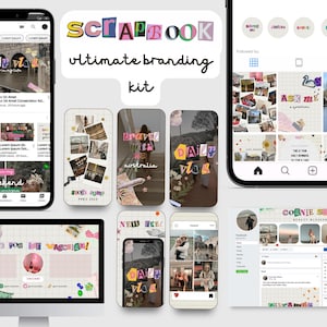 May include: A digital branding kit mockup showing a YouTube video, Instagram feed, and Facebook page. The word "SCRAPBOOK" is displayed in colourful, cut-out letters. The kit includes social media templates with travel and lifestyle themes.