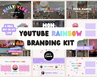 Könnte beinhalten: Ein farbenfrohes YouTube-Branding-Kit mit Regenbogen-Thema. Das Kit enthält verschiedene Vorlagen für Intro- und Outro-Bildschirme sowie Endkarten. Der Text "MON YOUTUBE RAINBOW BRANDING KIT" ist prominent in der Mitte des Bildes dargestellt.
