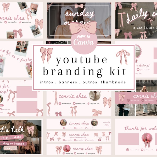 Bow Coquette YouTube Branding Kit Templates | Social Media Brand Kit  |Digital Download | Youtube Branding Kit| Editable Templates| Animated