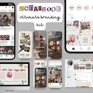 Plantillas del kit de marca para redes sociales Ultimate Scrapbook para pequeñas empresas, marketing y medios digitales, descargables, YouTube, Instagram y Facebook, editables