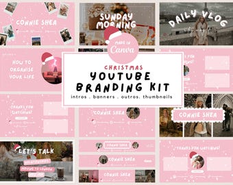 May include: A pink Christmas YouTube branding kit with various templates for intros, banners, outros, and thumbnails. The design includes snow, Santa hats, and the text "Christmas YouTube Branding Kit".