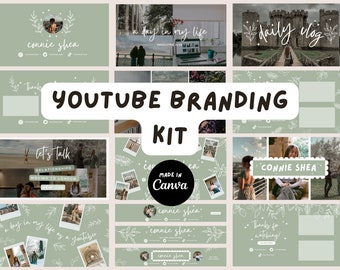 Modèles de kit de marque YouTube Feuilles vertes | Kit de marque pour réseaux sociaux | Téléchargement numérique | Kit de branding YouTube | Modèles modifiables | Sauge