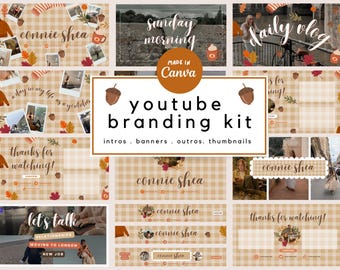 Könnte beinhalten: Ein YouTube-Branding-Kit mit Herbstthema. Das Kit enthält Intros, Banner, Outros und Thumbnails. Die Farben sind Braun, Beige und Weiß. Der Text lautet "connie shea" und "youtube branding kit".