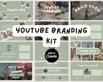 May include: A YouTube branding kit with a green background and a variety of templates. The templates feature text such as "Connie Shea", "Sunday Morning", "Daily Vlog", "A Day in My Life", "Thanks for Watching", "Let's Talk", "Relationships", "Moving to London", "New Job", and "Made in Canva".