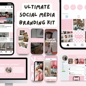 May include: A social media branding kit with a pink and white color scheme. The kit includes templates for Instagram, YouTube, Facebook, and Reels. The templates feature images of travel, fashion, and lifestyle.