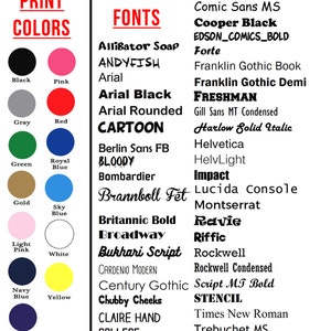 May include: A chart with a list of font names and a colour chart with 12 different colours. The font names include: Alligator Soap, ANDYFISH, Arial, Arial Black, Arial Rounded, CARTOON, Berlin Sans FB, BLOODY, Bombardier, Brannboll Fet, Britannic Bold, Broadway, Bukhari Script, CARDENIO MODERN, Century Gothic, Chubby Cheeks, CLAIRE HAND, COLLEGE, Comic Sans MS, Cooper Black, EDSON_COMICS_BOLD, Forte, Franklin Gothic Book, Franklin Gothic Demi, FRESHMAN, Gill Sans MT Condensed, Harlow Solid Italic, Helvetica, HelvLight, Impact, Lucida Console, Montserrat, Ravie, Riffic, Rockwell, Rockwell Condensed, Script MT Bold, STENCIL, Times New Roman, Trebuchet MS. The colours include: Black, Pink, Grey, Red, Green, Royal Blue, Gold, Sky Blue, Light Pink, White, Navy Blue, Yellow, and Purple.