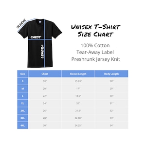 Pode incluir: Tabela de tamanhos de camiseta unissex com medidas em polegadas para o peito, comprimento da manga e comprimento do corpo. Os tamanhos variam do P ao 4XL.