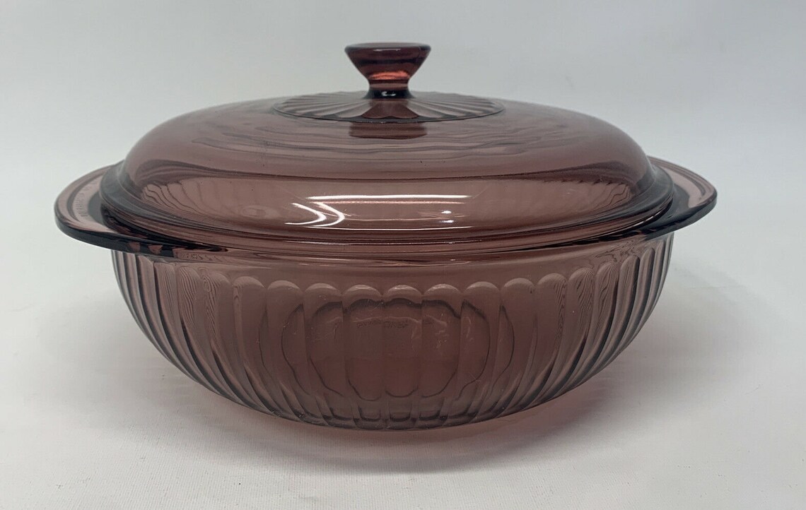 Pyrex CRANBERRY 2 QT Round Glass Ribbed Covered Casserole Dish Etsy