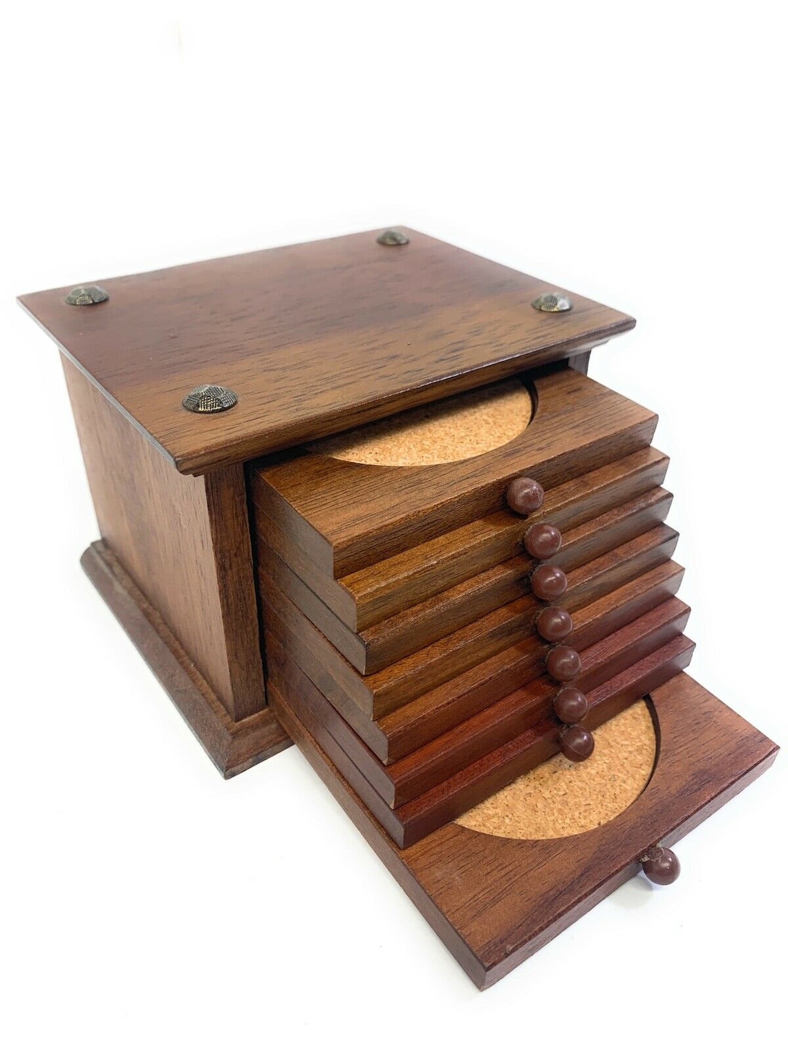Vintage Wood Drawer Cork Coaster Set 8 Japan Etsy