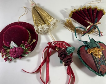 Victorian Christmas Tree Ornaments Wine Velvet Hat Fan Heart Gold Parasol Textured Embroidered  1970s Excellent Vintage Condition