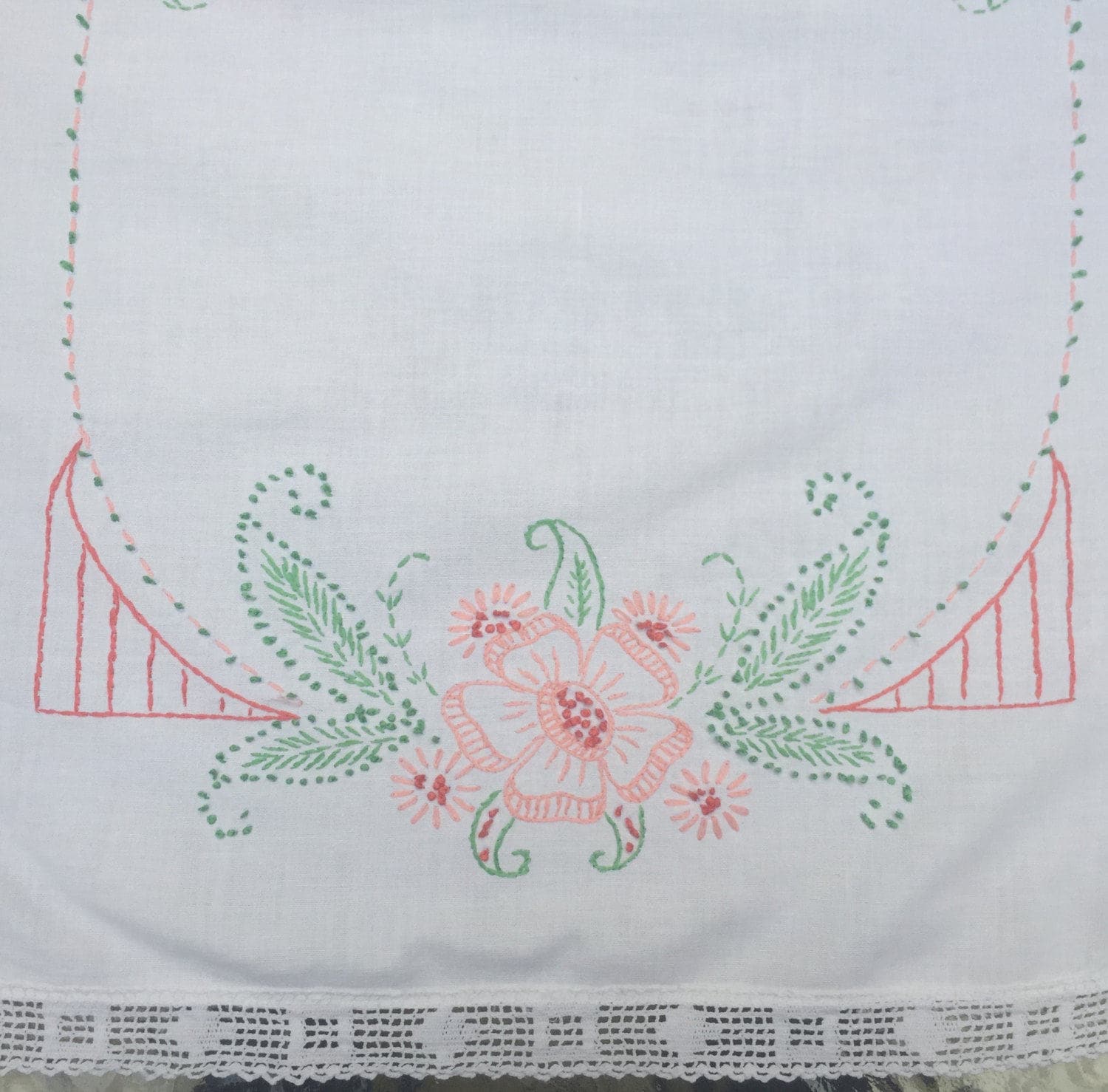 Table Runner Dresser Topper  1940s Hand Embroidered Heavy Crocheted Lace Floral Pattern Shades of Peach Coral Green Excellent Condition