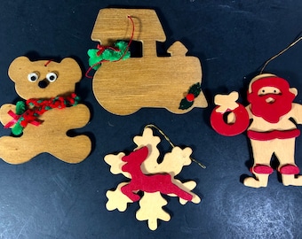 Christmas Ornaments Assorted Wooden Handmade Handpainted  Snowflake Santa Train Bear Set of 4 Beautiful  Vintage Condition