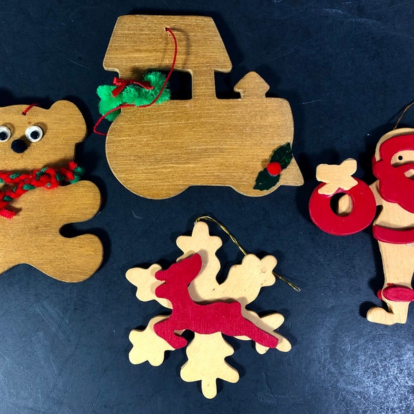 Christmas Ornaments Assorted Wooden Handmade Handpainted  Snowflake Santa Train Bear Set of 4 Beautiful  Vintage Condition