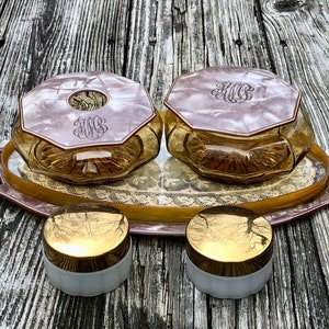 Art Deco Celluloid Dresser Set Antique  Opalescent Frame Lids Glass Lace Insert Perfume Cosmetic Dresser Tray Excellent Vintage Condition