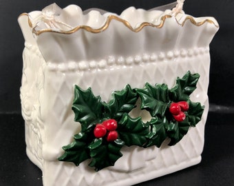 Holly Berries Candy Box Planter Rare Trinket Dish Bone China Hand Painted 1970-1971 Vintage Excellent Vintage Condition