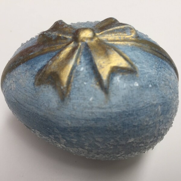 Easter Egg Ceramic Hand Painted Hand Made Blue Gold Bow Glitter Vintage