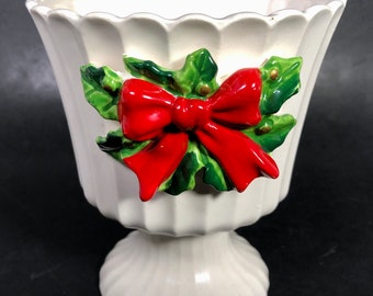 Napco Compote Centerpiece Fluted Red Bow Holly Hand Painted Vintage 1970s Excellent Vintage Condition