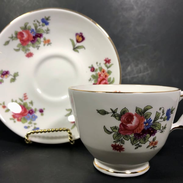 Teacup Saucer Royal Victoria England Bouquets of Blossoms Fine Bone China Vintage 60s Excellent Vintage Condition