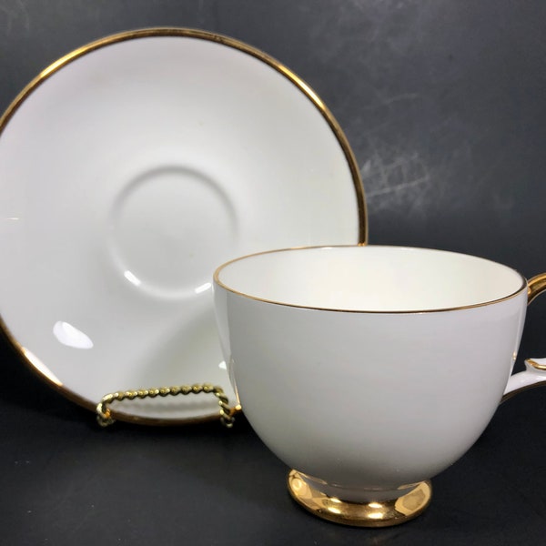 Teacup Saucer Royal Victoria England Cream with Rich Gold Bands Fine Bone China Vintage 60s Excellent Vintage Condition