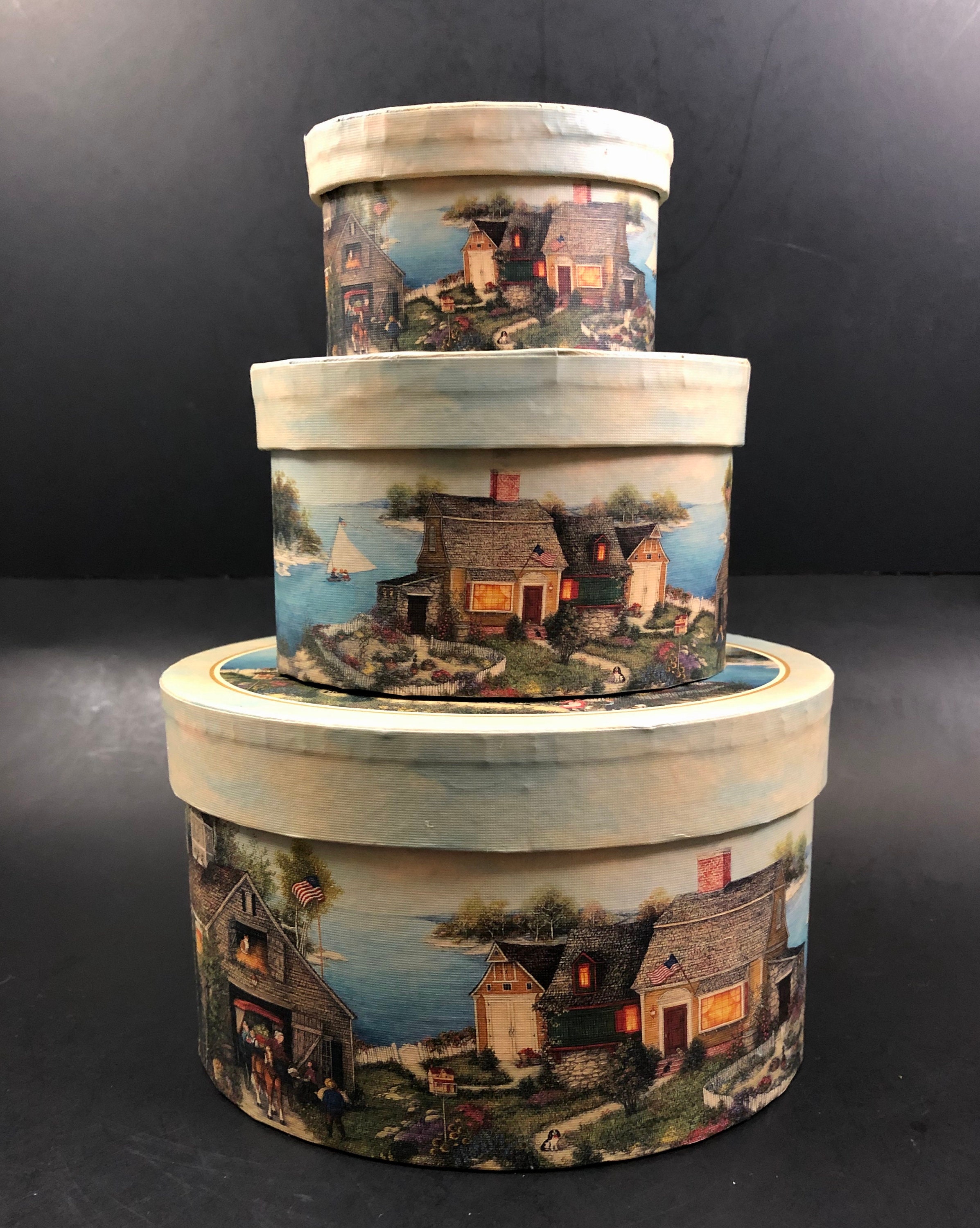 Lang Storage Boxes Gifts from the Garden Nesting 3 Artist Linda Nelson Stacks Excellent Vintage Condition Appear Unused