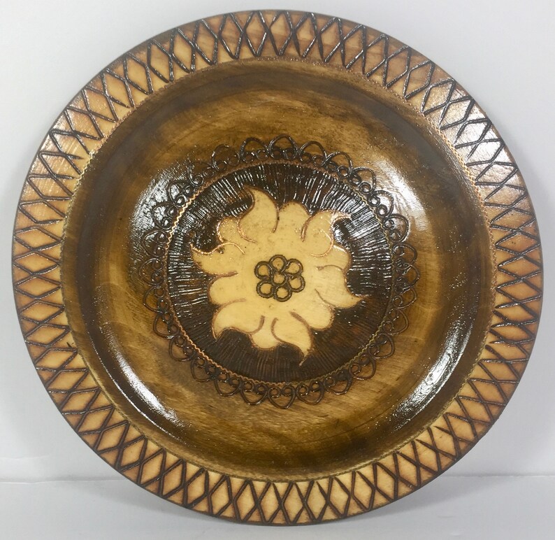Poland Carved Wood Plate Inlaid Wooden Design Metal Etsy