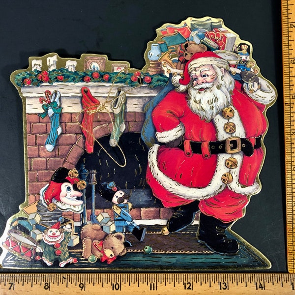 Christmas Hardboard Ornament Die Cut Cardboard Foiled Old World Santa Vintage Toys NOS Large 8 in by 12 in Excellent Vintage Condition