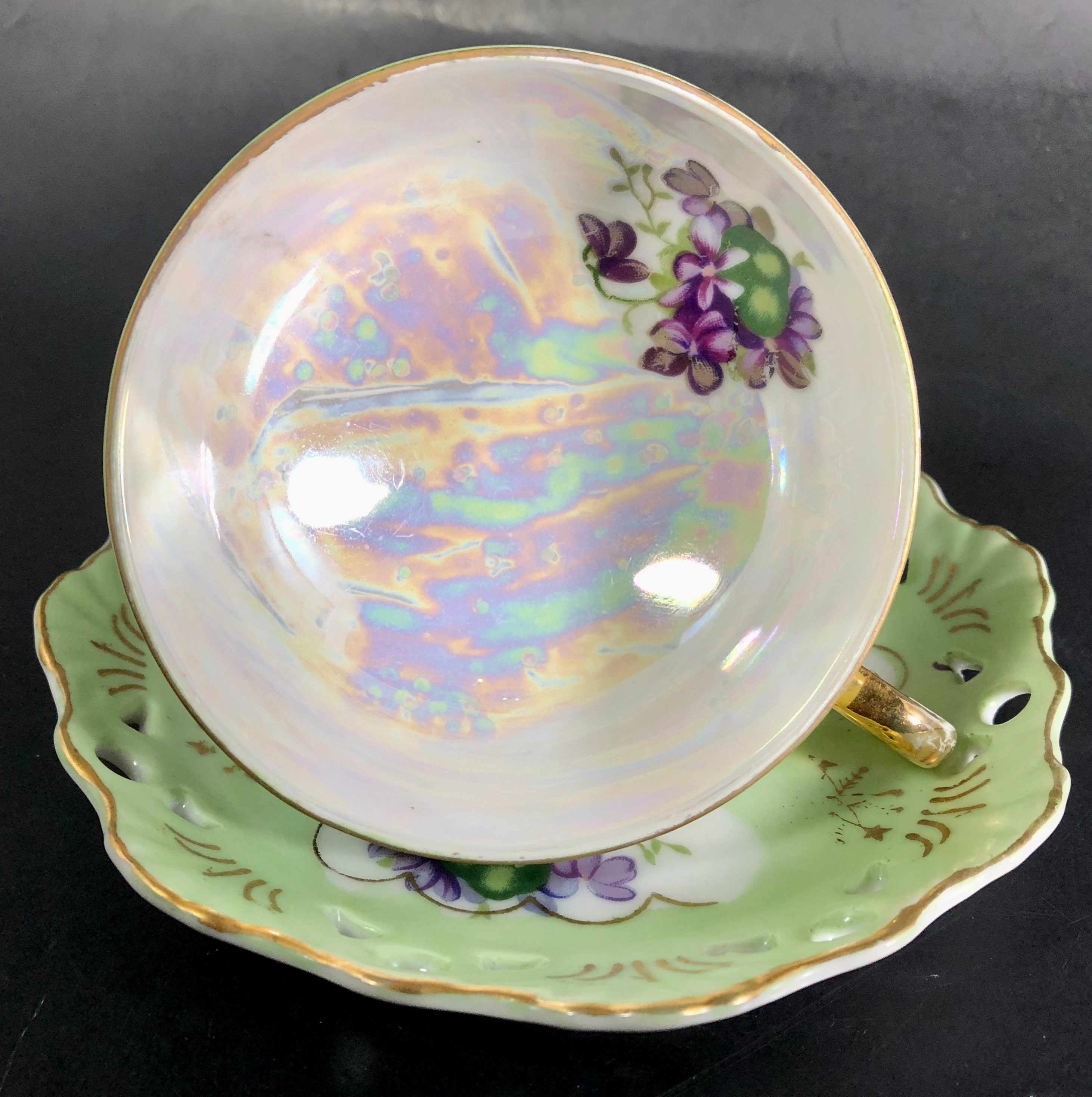 Lefton Violets Teacup Saucer Footed Reticulated Saucer Hand Etsy
