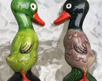 Ducks Salt Pepper Shakers 40s Colorful Kitschy Vintage Glazed Finish
