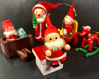 Christmas Ornaments Santa Elf Hobby Horse Wooden Handpainted Decorations Taiwan China  Set of 5 Excellent Vintage Condition