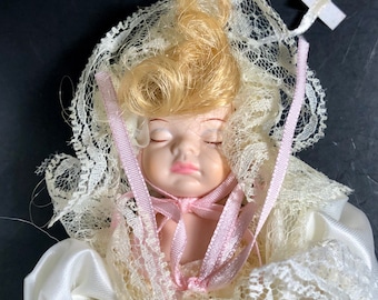 Baby First Christmas Newborn Doll Victorian Dress Porcelain Hand Painted Shower Gift Decoration Vintage NOS Excellent Vintage Condition 70s