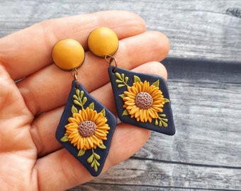 Large Sunflower earrings, Polymer clay earrings, Dangle stud flower earrings, vintage jewelry, Mom birthday gift for sunflower lover