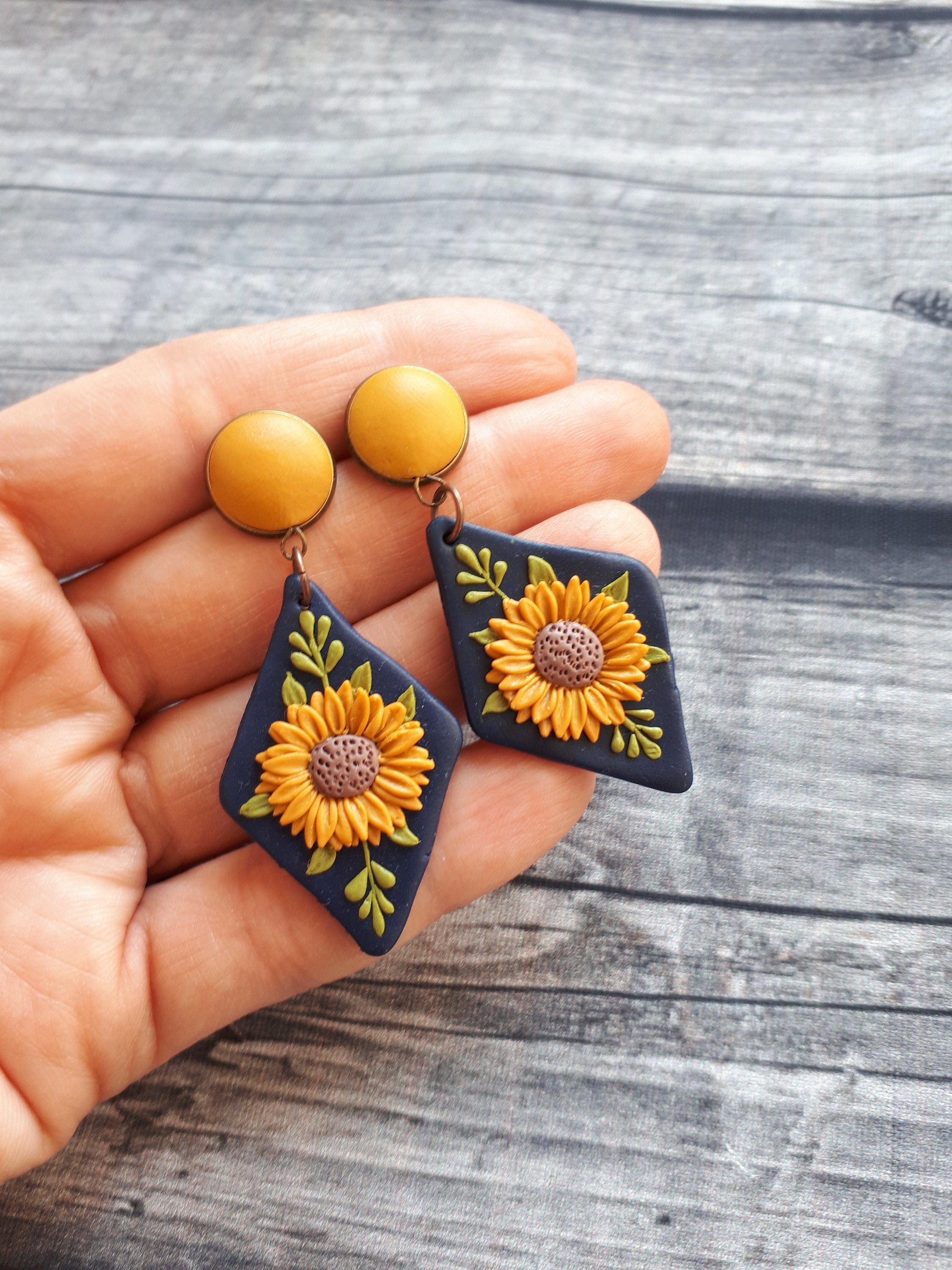 Vibrant Sunflower earrings Clay earrings Statement earrings Etsy