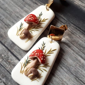 Polymer Clay Dangle Mushroom Earrings, Amanita earrings Birthday gift for her, Clay earrings Mother&#39;s day gift girlfriend, wife gift