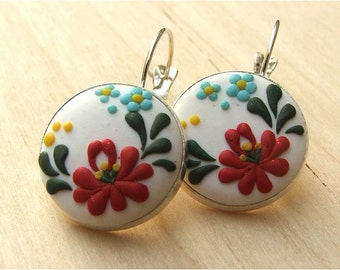 Hungarian Earrings with Red Flower Earrings White Dangle Earrings Folk Art Jewelry Polymer Clay Jewelry, Polymer earrings