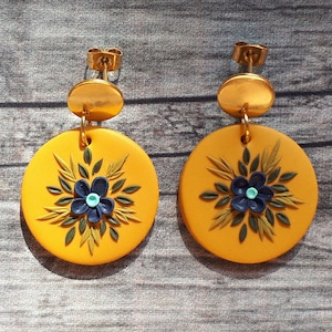 Mustard yellow blue floral clay earrings with vibrant color, dangle flower polymer clay earrings, Birthday gift, Valentine's Gift for her